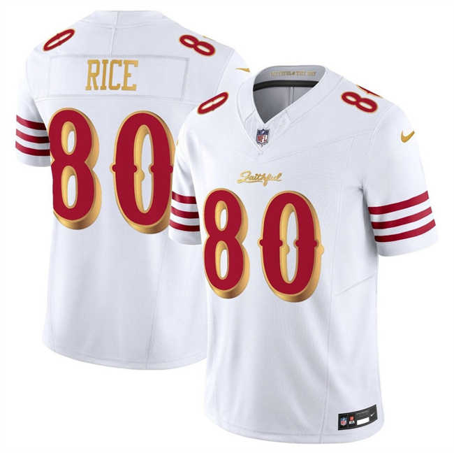 Personalized Men’s San Francisco 49ers #80 Jerry Rice White Gold 2025 F.U.S.E. Rivalries Limited Stitched Football Jersey