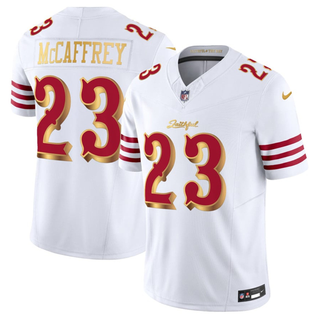 Personalized Men’s San Francisco 49ers #23 Christian McCaffrey White Gold 2025 F.U.S.E. Rivalries Limited Stitched Football Jersey