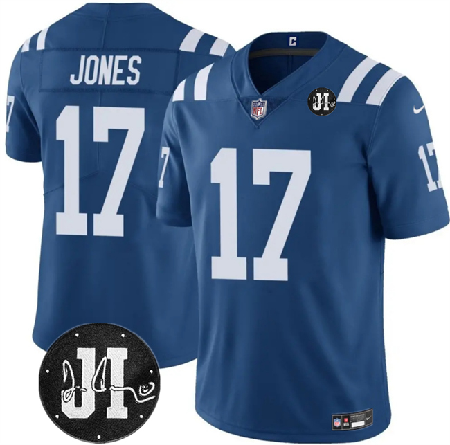 Personalized Men’s Indianapolis Colts #17 Daniel Jones Blue Jim Irsay Patch Stitched Jersey