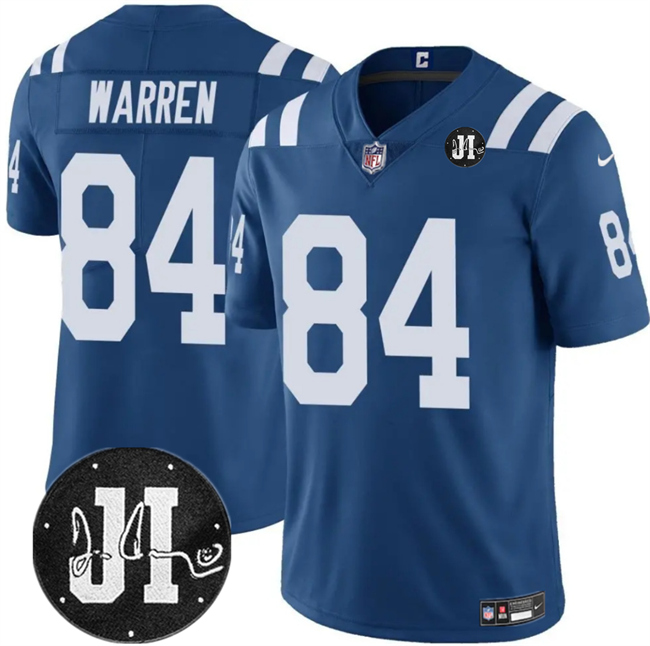 Personalized Men’s Indianapolis Colts #84 Tyler Warren Blue Jim Irsay Patch Stitched Jersey