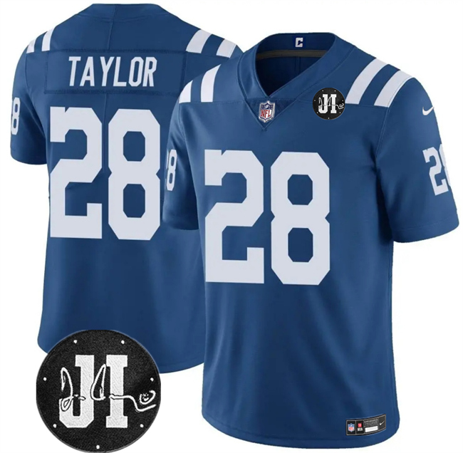 Personalized Men’s Indianapolis Colts #28 Jonathan Taylor Blue Jim Irsay Patch Stitched Jersey