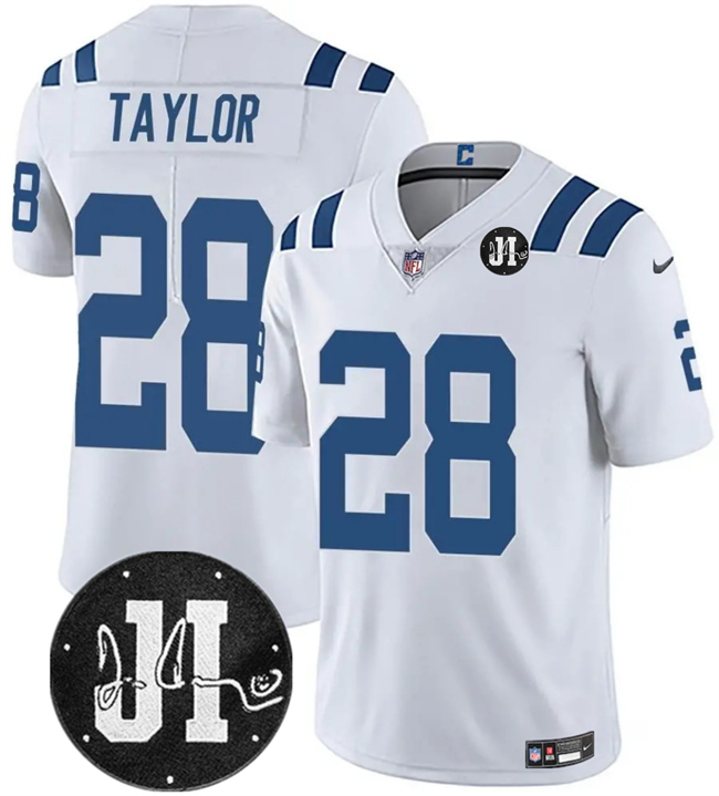 Personalized Men’s Indianapolis Colts #28 Jonathan Taylor White Jim Irsay Patch Limited Stitched Football Jersey