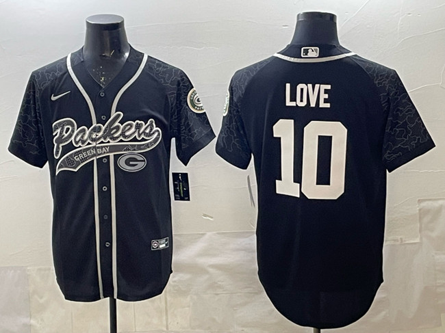 Personalized Men’s Green Bay Packers #10 Jordan Love Black Reflective With Patch Cool Base Stitched Baseball Jersey