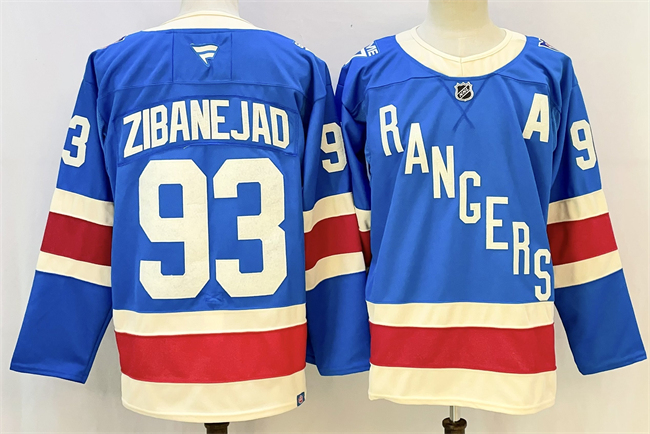 Personalized Men’s New York Rangers #93 Mika Zibanejad Blue With A Patch Stitched Hockey Jersey