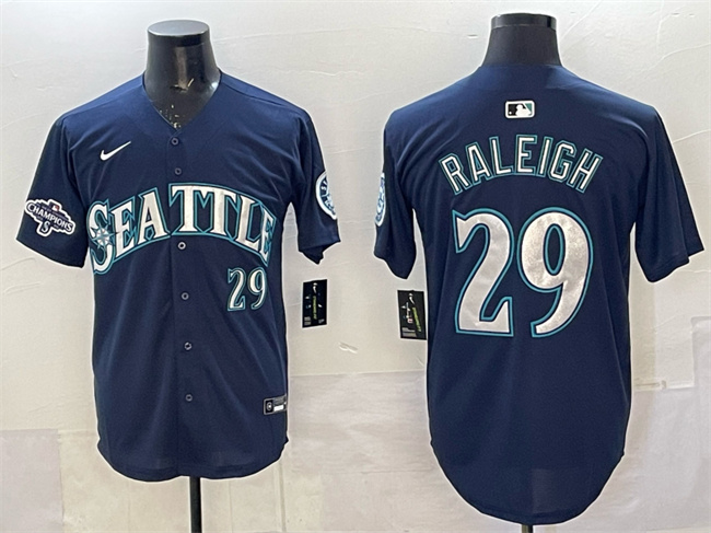 Personalized Men’s Seattle Mariners #29 Cal Raleigh Navy With 2025 AL West Division Champions Patch Limited Stitched jersey