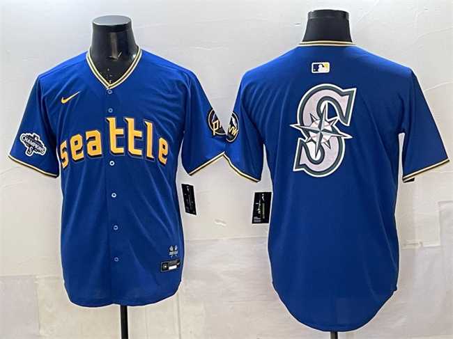 Personalized Men’s Seattle Mariners Team Big Logo Royal With 2025 AL West Division Champions Patch City Connect Limited Stitched Baseball Jersey
