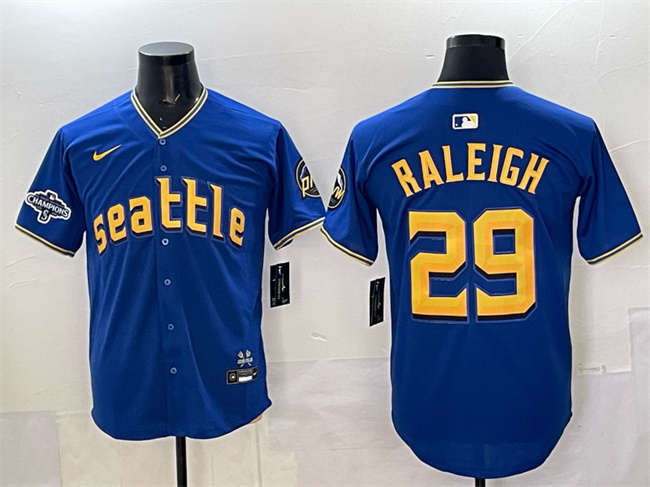 Personalized Men’s Seattle Mariners #29 Cal Raleigh Royal With 2025 AL West Division Champions Patch City Connect Limited Stitched Baseball Jersey