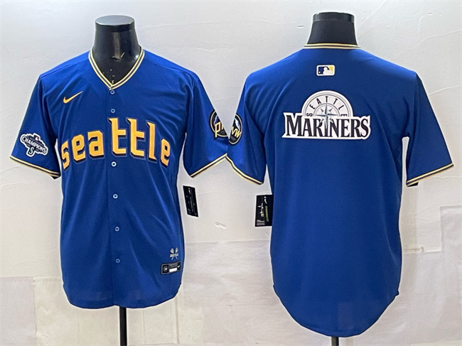Personalized Men’s Seattle Mariners Team Big Logo Royal With 2025 AL West Division Champions Patch City Connect Limited Stitched Baseball Jersey 1