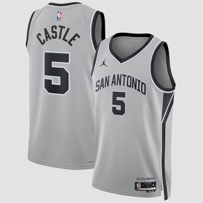 Personalized Men’s San Antonio Spurs #5 Stephon Castle Silver 2025 Statement Edition Stitched Basketball Jersey