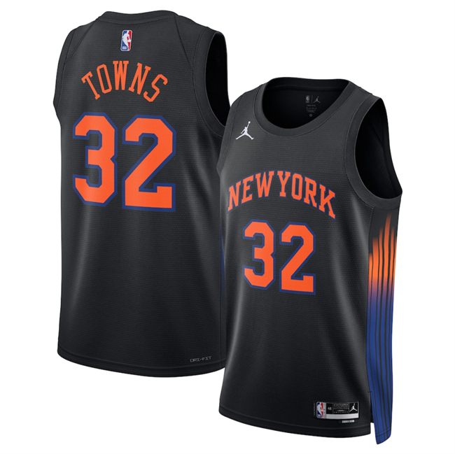 Personalized Men’s New Yok Knicks #32 Karl-Anthony Towns Black 2025 Statement Edition Stitched Basketball Jersey