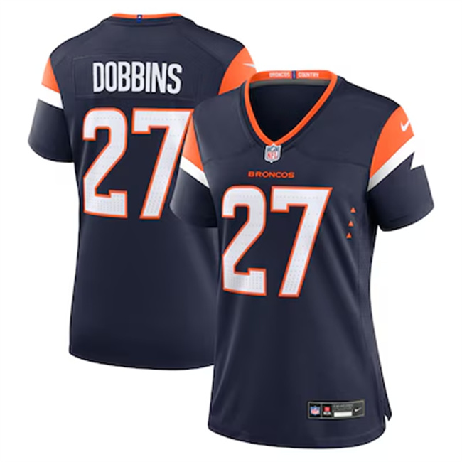 Personalized Women’s Denver Broncos #27 J.K. Dobbins Navy 2025 Alternate Stitched Game Jersey(Run Small)