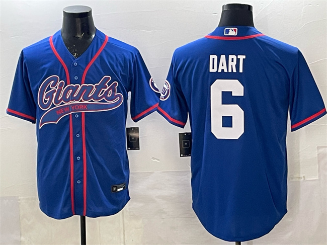 Personalized Men’s New York Giants #6 Jaxson Dart Royal With Patch Cool Base Stitched Baseball Jersey