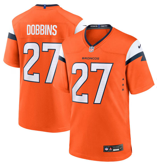 Personalized Men’s Denver Broncos #27 J.K. Dobbins Orange 2025 Alternate Stitched Game Jersey