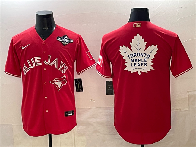Personalized Men’s Toronto Blue Jays & Leafs Red 2025 World Series With White Leafs Logo Cool Base Stitched Baseball Jersey
