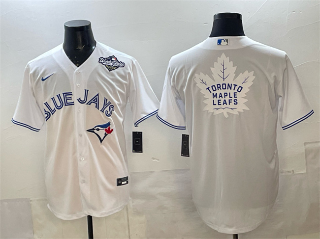 Personalized Men’s Toronto Blue Jays & Leafs White 2025 World Series With White Leafs Logo Cool Base Stitched Baseball Jersey