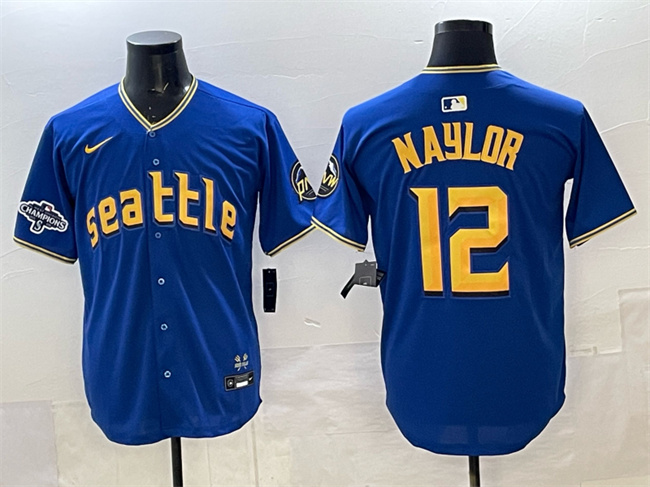 Personalized Men’s Seattle Mariners #12 Josh Naylor Royal With 2025 AL West Division Champions Patch Limited Stitched jersey