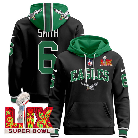 Personalized Men’s Philadelphia Eagles #6 DeVonta Smith Black 2025 Super Bowl LIX Patch Pullover Stitched Hoodie