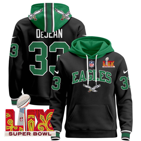 Personalized Men’s Philadelphia Eagles #33 Cooper DeJean Black 2025 Super Bowl LIX Patch Pullover Stitched Hoodie