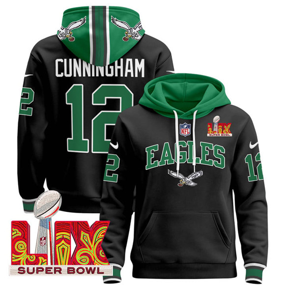 Personalized Men’s Philadelphia Eagles #12 Randall Cunningham Black 2025 Super Bowl LIX Patch Pullover Stitched Hoodie