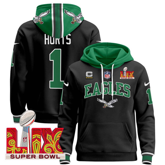 Personalized Men’s Philadelphia Eagles #1 Jalen Hurts Black 2025 Super Bowl LIX With 4-Star C Patch Pullover Stitched Hoodie