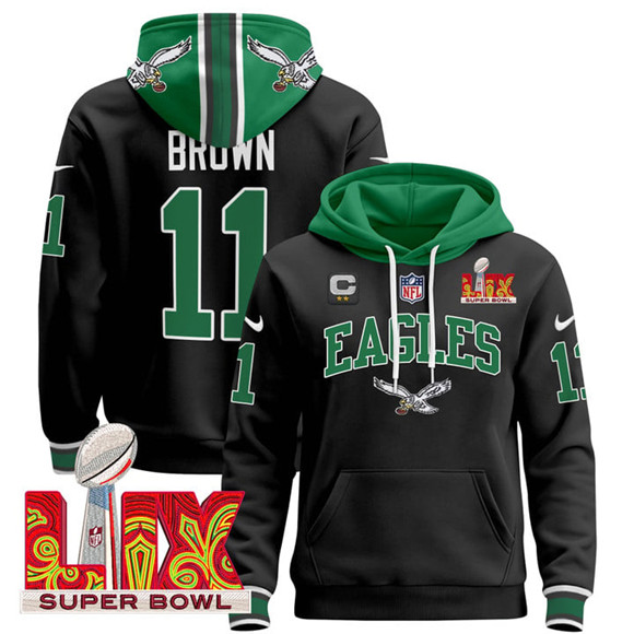Personalized Men’s Philadelphia Eagles #11 A.J. Brown Black 2025 Super Bowl LIX With 2-Star C Patch Pullover Stitched Hoodie