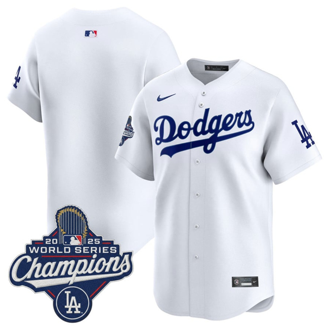 Personalized Men’s Los Angeles Dodgers Blank White 2025 World Series Champions Patch Home Limited Stitched Baseball Jersey
