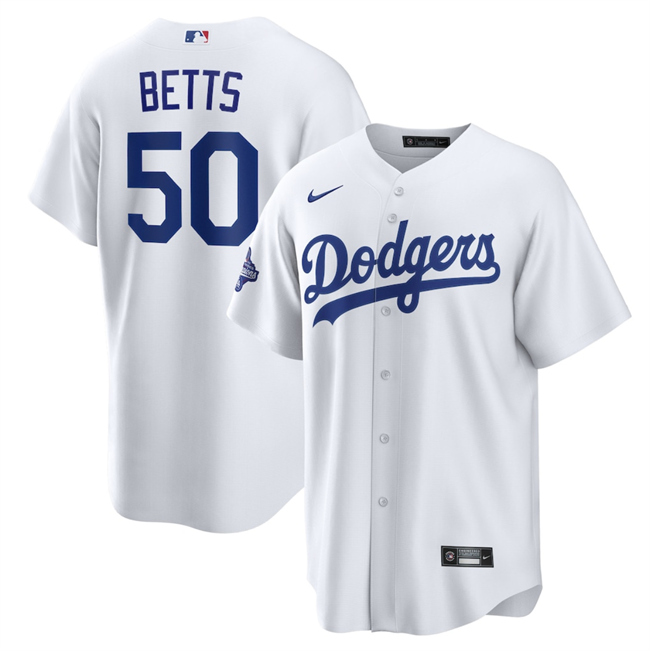 Personalized Men’s Los Angeles Dodgers #50 Mookie Betts White 2025 World Series Champions Patch Cool Base Stitched Baseball Jersey