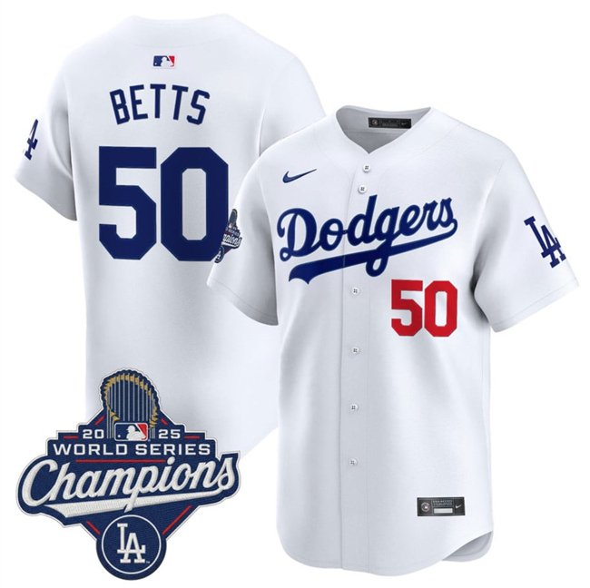 Personalized Men’s Los Angeles Dodgers #50 Mookie Betts White 2025 World Series Champions Patch Home Limited Stitched Baseball Jersey