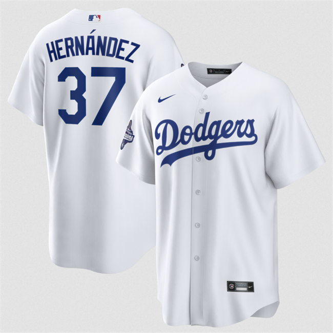 Personalized Men’s Los Angeles Dodgers #37 Teoscar Hernandez White 2025 World Series Champions Patch Cool Base Stitched Baseball Jersey