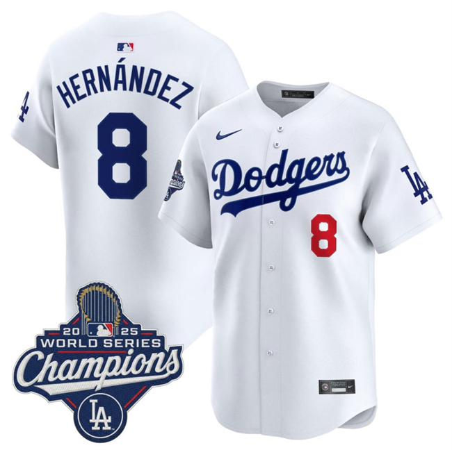 Personalized Men’s Los Angeles Dodgers #8 Enrique Hernandez White 2025 World Series Champions Patch Home Limited Stitched Baseball Jersey