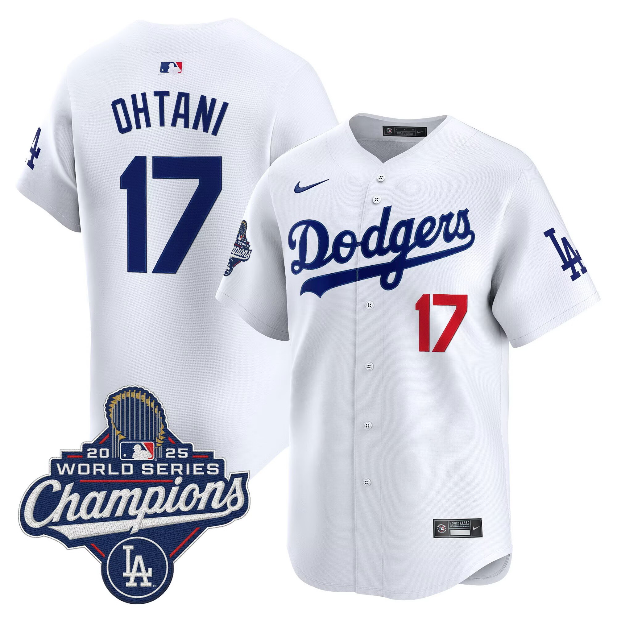 Personalized Men’s Los Angeles Dodgers #17 Shohei Ohtani White 2025 World Series Champions Stitched Baseball Jersey