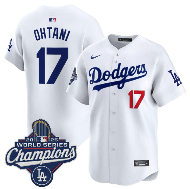 Personalized Men’s Los Angeles Dodgers #17 Shohei Ohtani White 2025 World Series Champions Patch Home Limited Stitched Baseball Jersey