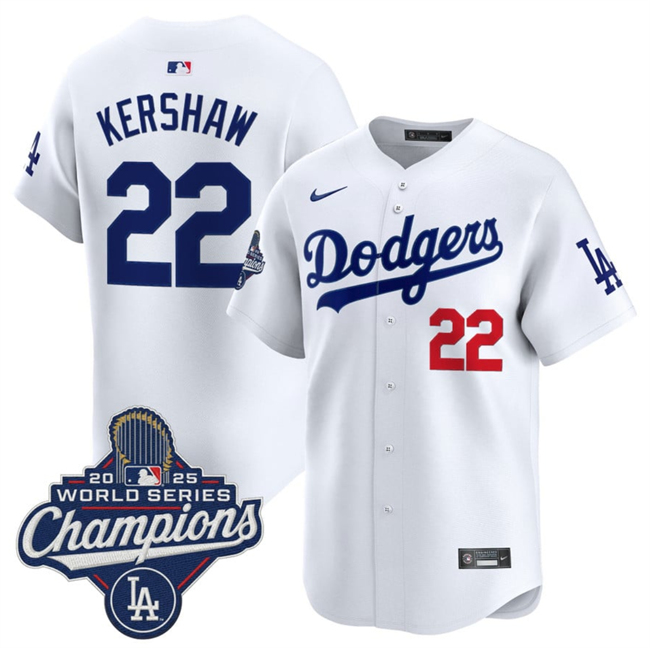Personalized Men’s Los Angeles Dodgers #22 Clayton Kershaw White 2025 World Series Champions Patch Home Limited Stitched Baseball Jersey