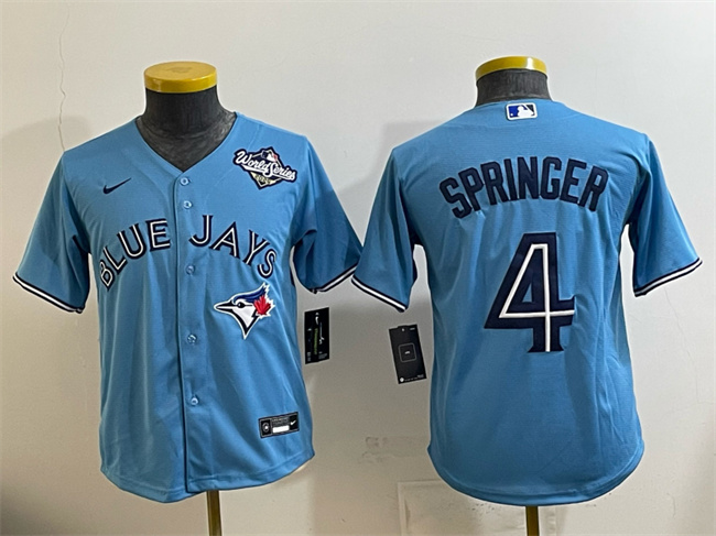 Personalized Youth Toronto Blue Jays #4 George Springer Blue 2025 World Series Cool Base Stitched Baseball Jersey