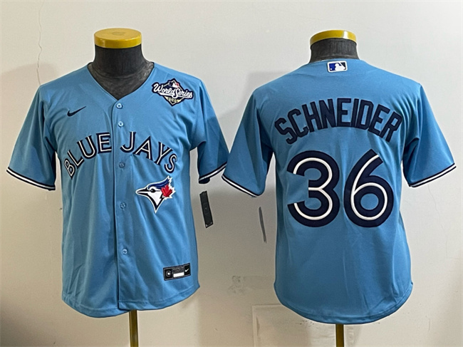Personalized Youth Toronto Blue Jays #36 Davis Schneider Blue 2025 World Series Cool Base Stitched Baseball Jersey