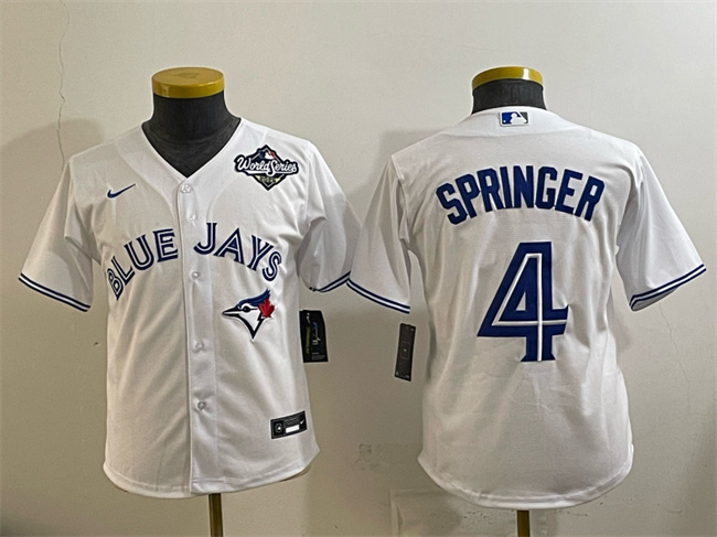 Personalized Youth Toronto Blue Jays #4 George Springer White 2025 World Series Cool Base Stitched Baseball Jersey