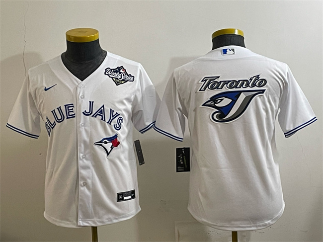 Personalized Youth Toronto Blue Jays Team Big Logo White 2025 World Series Home Cool Base Stitched Baseball Jersey