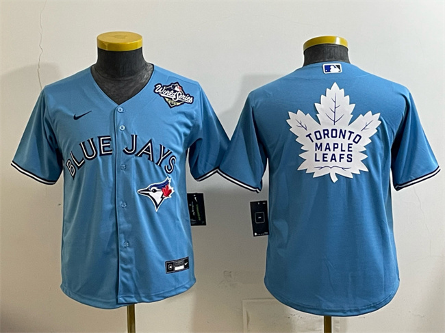 Personalized Youth Toronto Blue Jays & Leafs Blue 2025 World Series With White Leafs Logo Cool Base Stitched Baseball Jersey