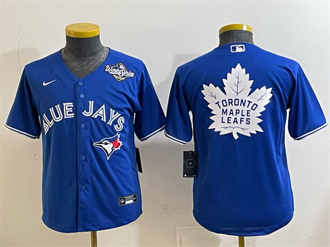 Personalized Youth Toronto Blue Jays & Leafs Royal 2025 World Series With White Leafs Logo Cool Base Stitched Baseball Jersey