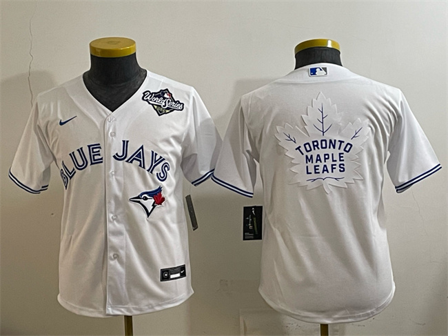 Personalized Youth Toronto Blue Jays & Leafs White 2025 World Series With White Leafs Logo Cool Base Stitched Baseball Jersey