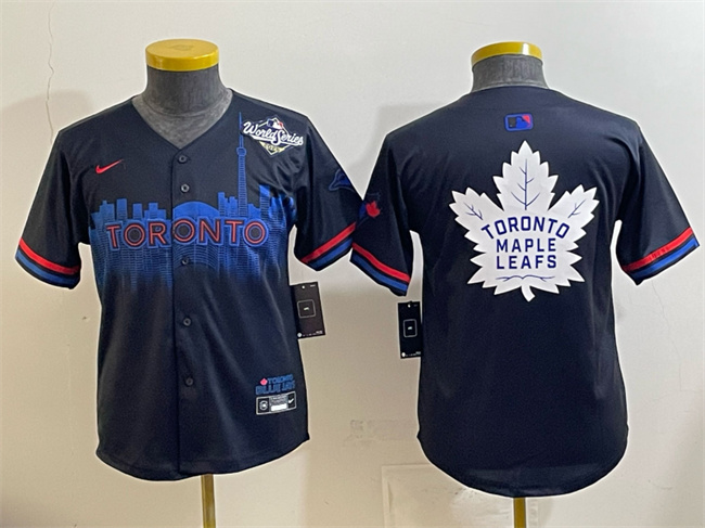Personalized Youth Toronto Blue Jays & Leafs Navy 2025 World Series City Connect With White Leafs Logo Limited Stitched Baseball Jersey