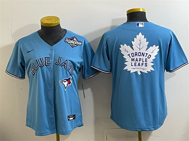 Personalized Women’s Toronto Blue Jays & Leafs Blue 2025 World Series With White Leafs Logo Cool Base Stitched Baseball Jersey(Run Small)