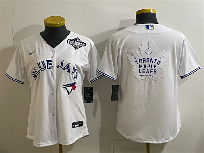 Personalized Women’s Toronto Blue Jays & Leafs White 2025 World Series With White Leafs Logo Cool Base Stitched Baseball Jersey(Run Small)