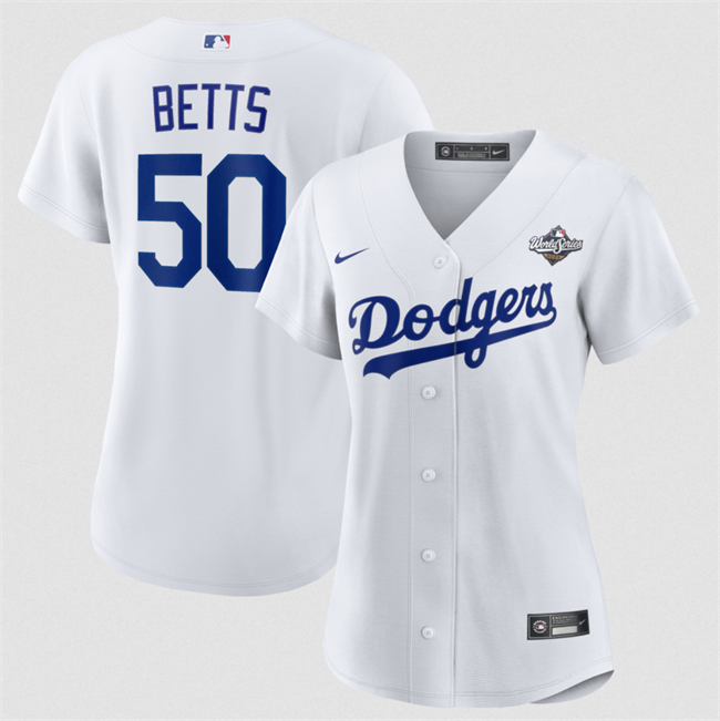 Personalized Women’s Los Angeles Dodgers #50 Mookie Betts White 2025 World Series Home Cool Base Stitched Baseball Jersey(Run Small)