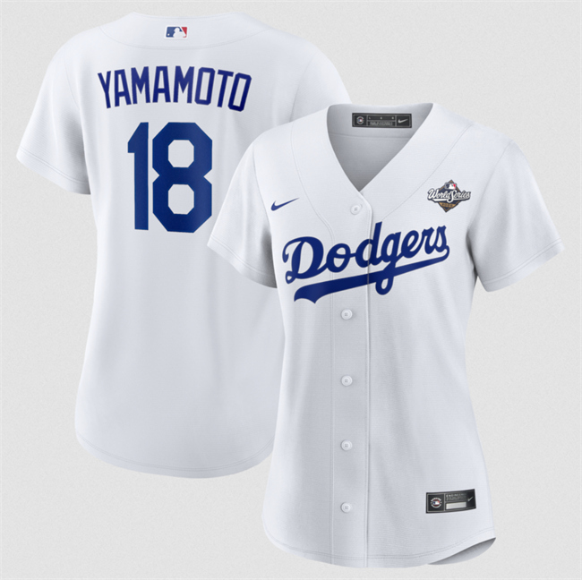 Personalized Women’s Los Angeles Dodgers #18 Yoshinobu Yamamoto White 2025 World Series Home Cool Base Stitched Baseball Jersey(Run Small)