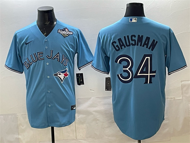 Personalized Men’s Toronto Blue Jays #34 Kevin Gausman Blue 2025 World Series Cool Base Stitched Baseball Jersey