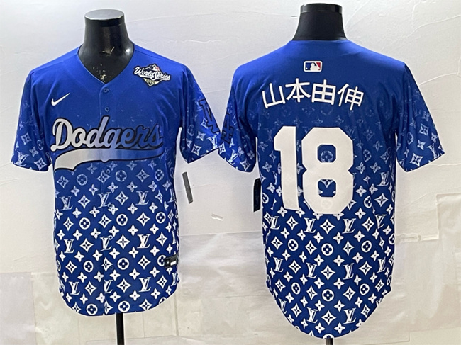 Personalized Men’s Los Angeles Dodgers #18 Yoshinobu Yamamoto Blue 2025 World Series Patch Limited Stitched Baseball Jersey