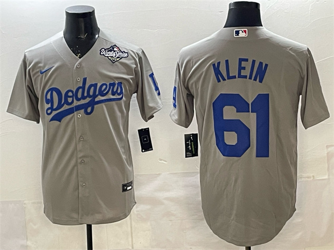 Personalized Men’s Los Angeles Dodgers #61 Will Klein Grey 2025 World Series Patch Cool Base Stitched Baseball Jersey