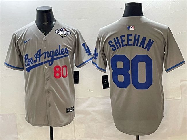 Personalized Men’s Los Angeles Dodgers #80 Emmet Sheehan Grey 2025 World Series Patch Limited Stitched Baseball Jersey