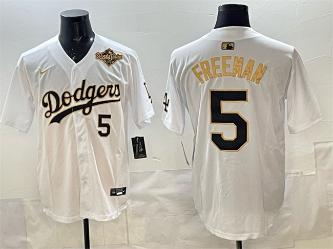 Personalized Men’s Los Angeles Dodgers #5 Freddie Freeman White Gold 2025 World Series Limited Stitched Baseball Jersey